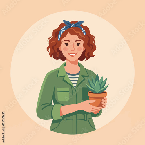A cheerful woman in a green outfit holds a potted succulent, embodying care for nature and a passion for indoor gardening in a joyful, vibrant manner.
