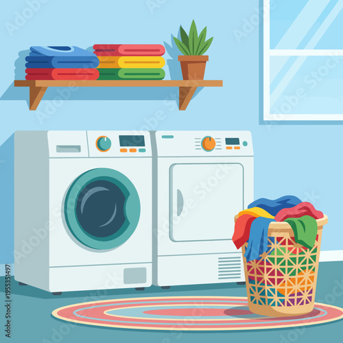 A bright and organized laundry space featuring a modern washing machine, dryer, colorful towels neatly folded, and a laundry basket full of clothes, conveying cleanliness and order.