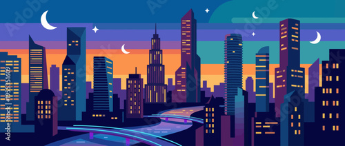 A vibrant abstract representation of a modern city skyline at dusk, showcasing stylized buildings, bridges, and a colorful twilight sky filled with stars and a crescent moon.