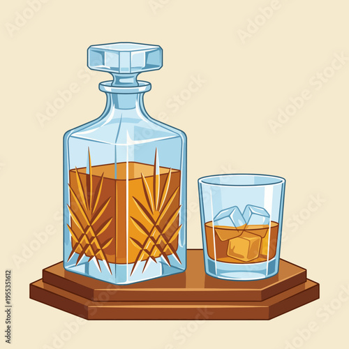 An elegant representation of a whiskey decanter and glass filled with ice cubes, perfectly capturing sophistication and relaxation for connoisseurs of fine spirits and upscale living.