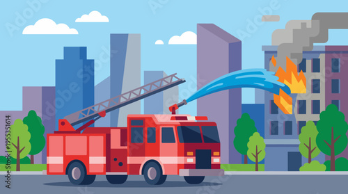 An illustration depicting a vibrant red fire truck actively spraying water on a building engulfed in flames, capturing the urgency and bravery of firefighters in action.