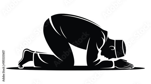A minimalist black silhouette of a muslim man performing the sujud prayer pose on white background isolated on white background, Vector, illustration