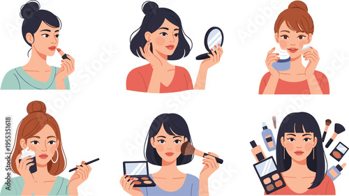 Women makeup routine set with beauty cosmetics applying foundation lipstick skincare female portrait cartoon vector illustration collection