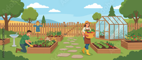 A vibrant and cheerful illustration of a community garden, featuring individuals happily harvesting fresh vegetables, embodying the joy of gardening and healthy living in a green setting.