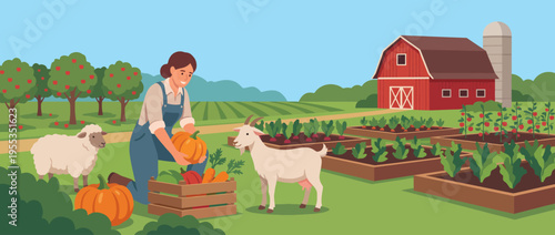 This lively illustration captures a cheerful farmer harvesting pumpkins on a vibrant farm with animals and a red barn, symbolizing rural life and sustainable living.