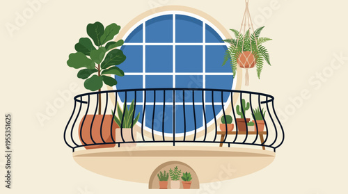 This modern illustration features a chic balcony adorned with lush green plants, highlighting the beauty of indoor gardening and fresh air in an urban environment.
