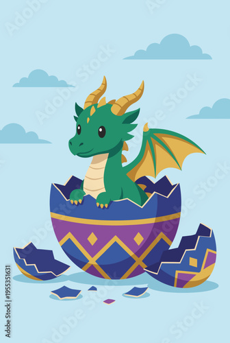 A charming illustration of a green dragon emerging from a beautifully designed egg, capturing the essence of fantasy, wonder and the magic of new beginnings.