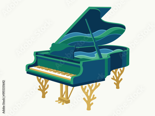 An artistic representation of a grand piano reflecting ocean waves and marine themes, combining music and nature in an imaginative and inspiring design.