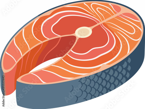 A beautifully illustrated slice of fresh salmon, emphasizing its rich colors and textures, perfect for culinary showcases, highlighting its savory appeal in gourmet cooking.