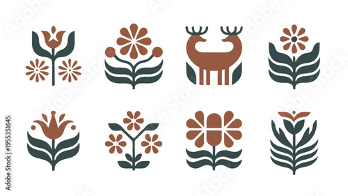 scandinavian folk art vector, nordic floral pattern, boho flower icons, folk style illustration, minimal floral set, decorative plant symbols, retro botanical vector