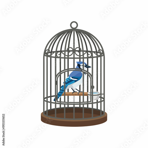 A beautifully illustrated blue jay is perched inside a decorative birdcage, representing themes of captivity and the importance of freedom in nature.