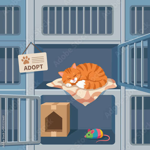 This charming illustration shows a fluffy orange cat sleeping peacefully in a cozy shelter, conveying a heartwarming appeal to potential adopters and emphasizing care for pets.