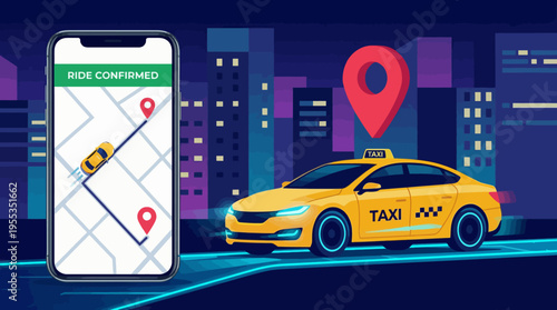 A modern yellow taxi is depicted alongside a smartphone showing ride tracking, symbolizing convenience and innovation in urban transportation technology.