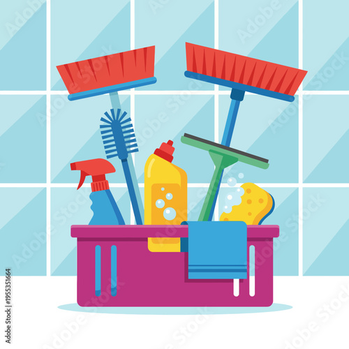 This image features cleaning supplies arranged in a bright basket, conveying a sense of cleanliness and order while showcasing useful household items for effective cleaning.