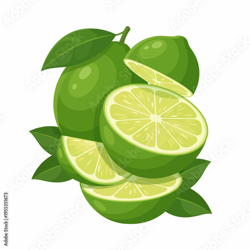 This bright and lively illustration showcases sliced green limes with leaves, accentuating their juicy freshness and vibrancy, a perfect representation of zest and flavor.