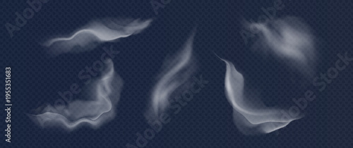 Set of steam or abstract white smog. Isolated on a black background. Wavy steam, fog, haze, gas, hot drinks, food. Vector