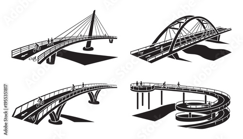 Modern pedestrian bridge vector illustration set featuring bicycle paths and spiral ramps for city