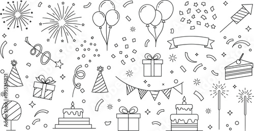 Birthday party elements line art set with balloons cake gift confetti fireworks celebration outline vector illustration collection