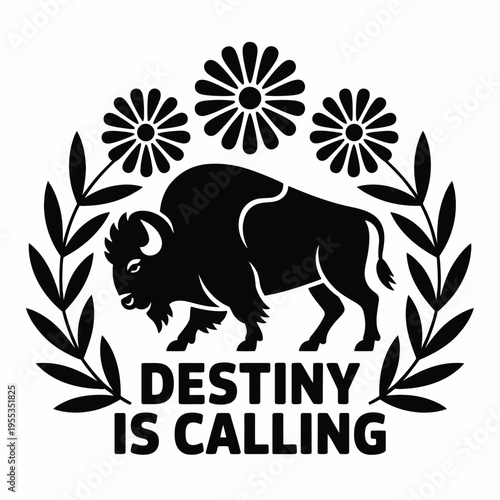 A minimalist black and white graphic illustration featuring a majestic bison and floral motifs isolated on white background, Vector, illustration