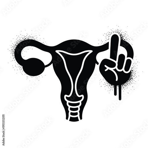 A black and white graphic illustration of a human uterus giving the middle finger hand gesture isolated on white background, Vector, illustration