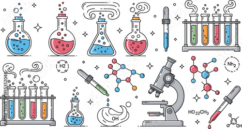 Chemistry laboratory elements set with flasks test tubes microscope molecules science equipment cartoon vector illustration collection