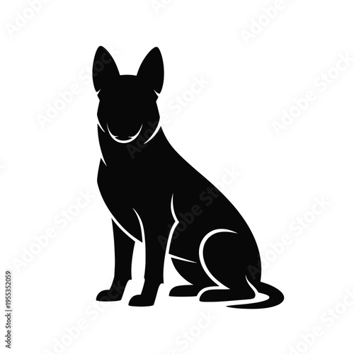 Minimalist black silhouette illustration of a sitting german shepherd dog on white background isolated on white background, Vector, illustration