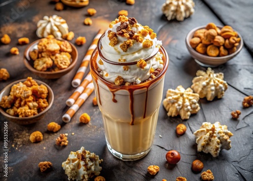 Gourmet Caramel Popcorn Milkshake with Chocolate Chip Cookies - Elegant Drone Aerial Photography
