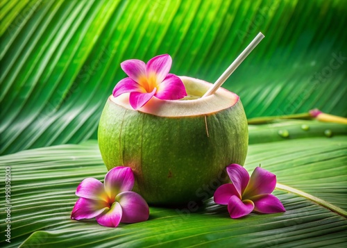 Tropical Coconut Drink, Fresh Coconut Water, Pink Flowers, Banana Leaf, Summer Beverage