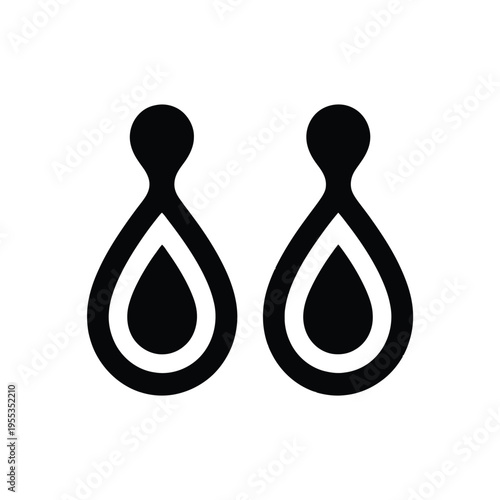 A minimalist black and white graphic illustration featuring a pair of matching teardrop earrings isolated on white background, Vector, illustration