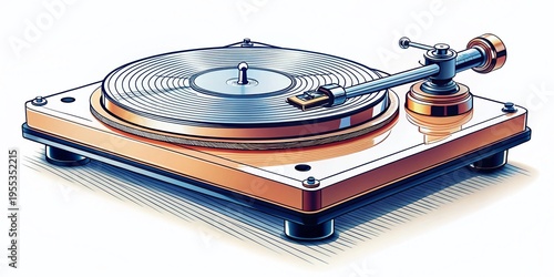 Vintage Turntable Line Drawing: Elegant Retro Audio Equipment Illustration