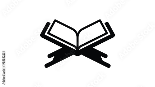 A minimalist black and white graphic icon of a holy quran book resting on a traditional wooden stand isolated on white background, Vector, illustration