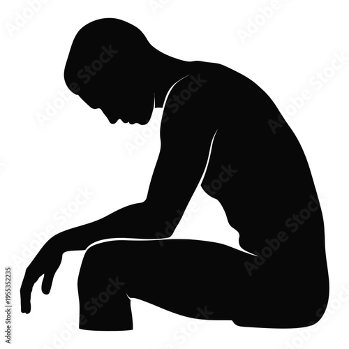A black silhouette of a person sitting alone with their head bowed in a state of deep depression isolated on white background, Vector, illustration