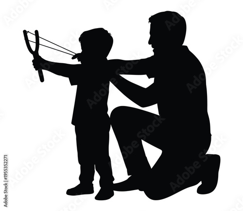A silhouette of a father teaching his young son how to aim and use a wooden slingshot outdoors isolated on white background, Vector, illustration