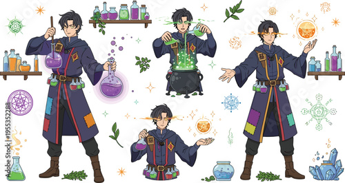 Fantasy alchemist character set brewing potions with magical herbs bottles wizard cartoon vector illustration collection