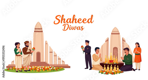 Illustration of people paying tribute to martyrs on Shaheed Diwas with candles and flowers in India, a patriotic tribute to freedom fighters.