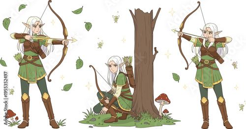 Fantasy elf archer character set with bow aiming shooting forest ranger warrior cartoon vector illustration collection