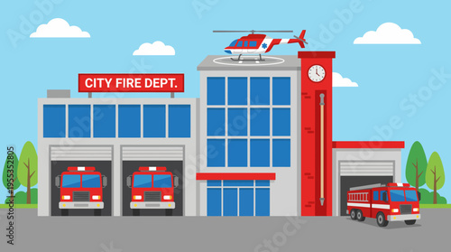 A bright, modern city fire department features fire trucks and a helicopter atop the building, symbolizing bravery and safety for the community and emergency preparedness.
