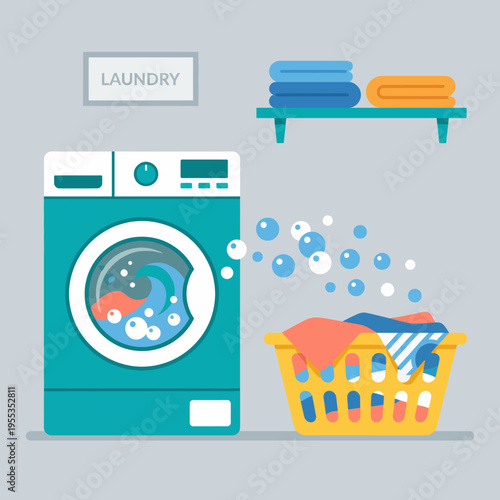 A cheerful laundry scene displays a washing machine and neatly folded towels, conveying a sense of cleanliness, order, and the everyday rhythm of household chores.