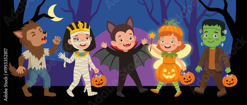 A group of cheerful kids in colorful Halloween costumes, such as a vampire and a pumpkin, joyfully celebrate the spooky holiday with laughter and candy bags.