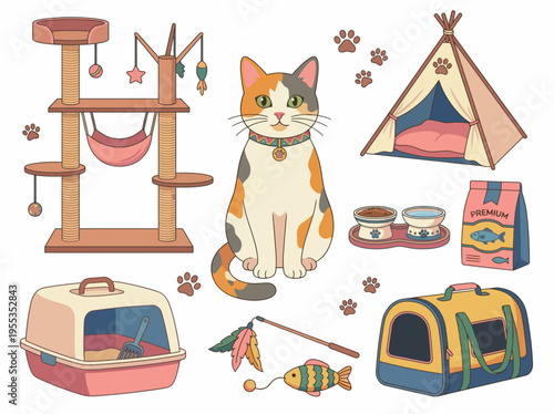 An adorable cat sitting beside various pet supplies such as toys, food bowls, and a cozy tent, capturing the essence of caring for furry friends.