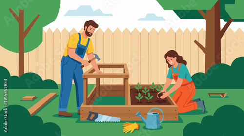 A charming illustration of a couple working in their backyard garden, emphasizing teamwork, nature cultivation, and the joy of growing plants together at home.