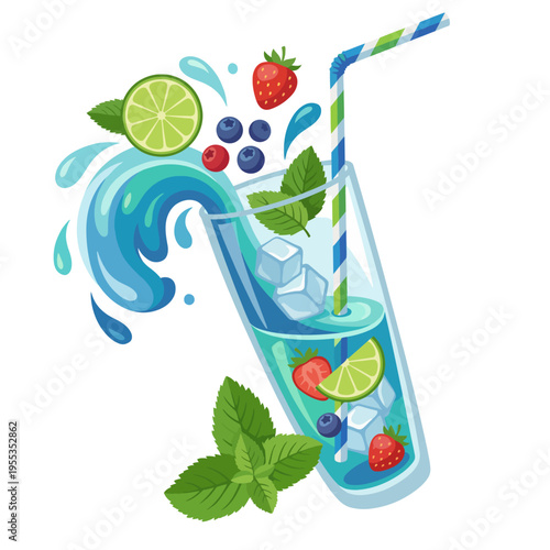 This vibrant image features a refreshing beverage filled with ice, strawberries, blueberries, lime slices, mint, and a colorful straw, perfect for summer days or events.