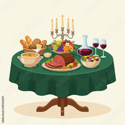 A beautifully arranged dining table displaying an array of delicious food items, complete with candles and a decorative centerpiece, perfect for a festive occasion.
