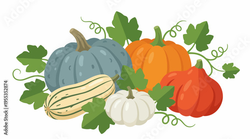 A delightful array of colorful pumpkins and squashes nestled among green leaves, depicting the essence of autumn and seasonal harvest celebrations.