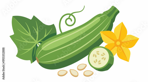 This image showcases a vibrant green zucchini alongside its leaves, bright yellow flower, and seeds, highlighting the freshness and vitality of garden produce.