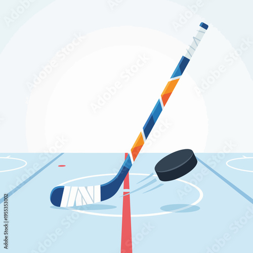 An action-packed depiction of a hockey stick poised against a puck on an ice rink, embodying the energy and thrill of the sport and its competitive nature.