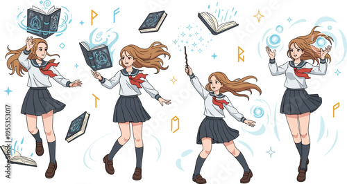 Magic school girl character set casting spells with book wand fantasy anime style cartoon vector illustration collection