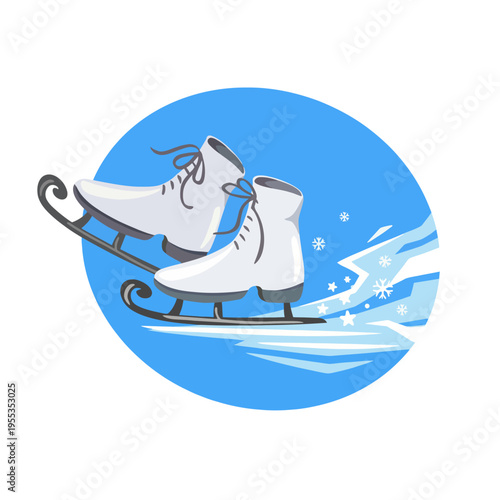This creative image depicts a pair of sleek ice skates in motion, highlighting the joy of skating with swirling snowflakes and a vibrant blue backdrop.