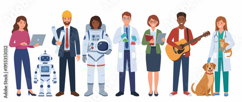 This lively illustration depicts a diverse group of professionals, each in unique attire, showcasing various careers that highlight individuality and teamwork in a colorful setting.