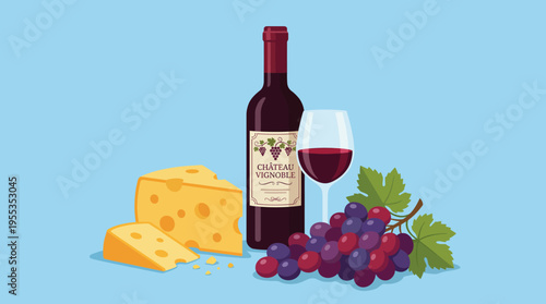 This image beautifully captures a bottle of red wine alongside a glass, cheese block, and fresh grapes, embodying the essence of indulgence and culinary delight.